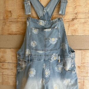 No Boundaries Light Blue Daisy Print Denim Short Overalls